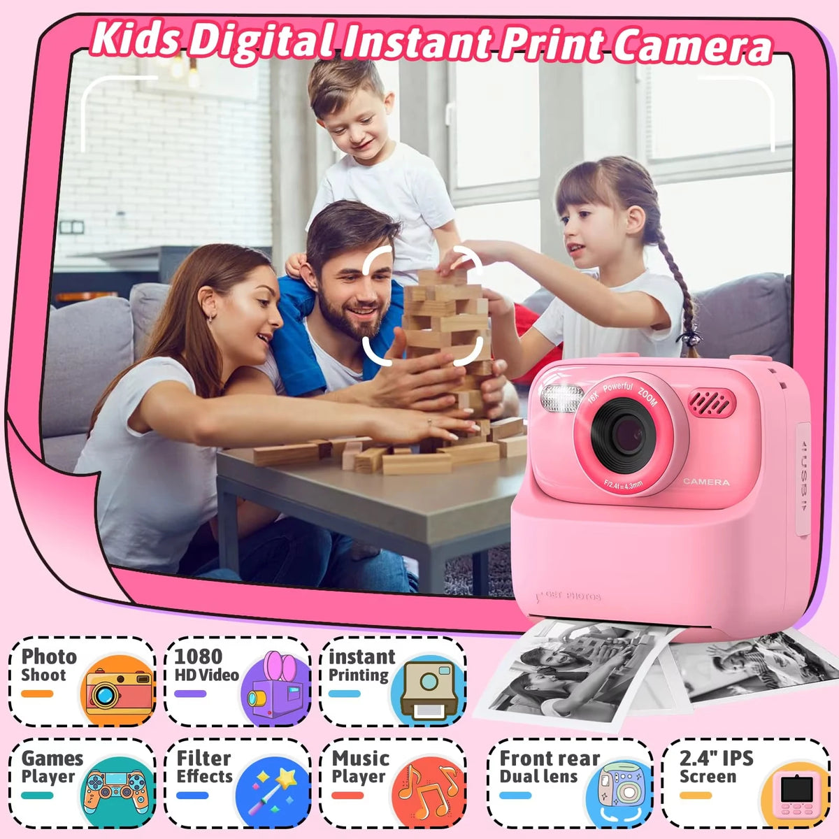 Kids Instant Print Camera P79 — 1080p Video, Dual Lens, 2.8" Screen