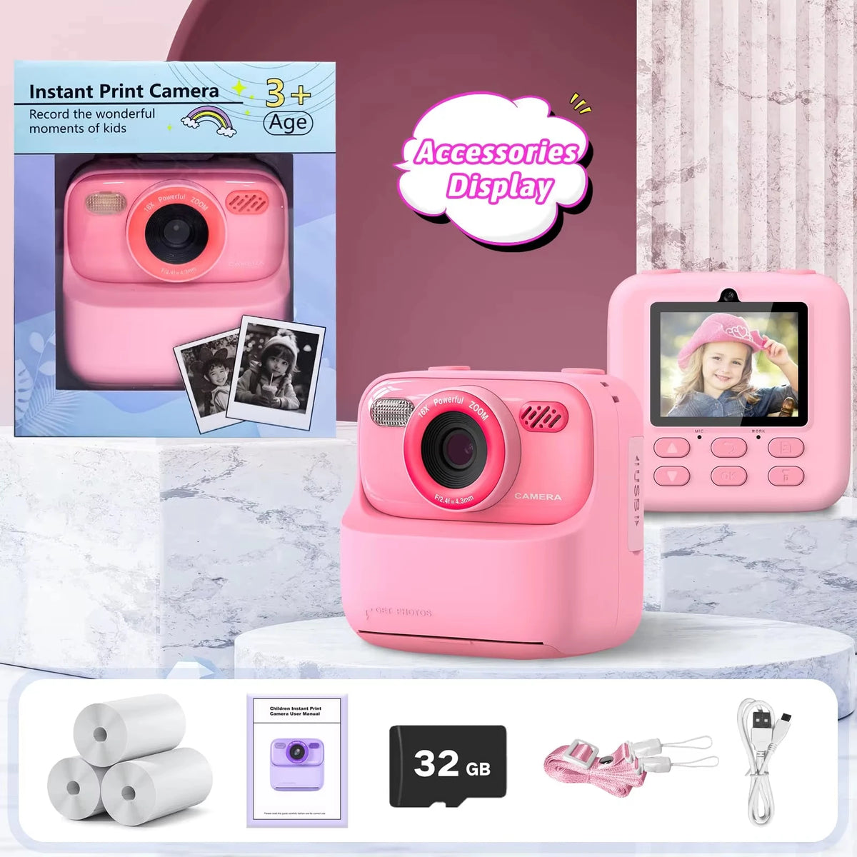 Kids Instant Print Camera P79 — 1080p Video, Dual Lens, 2.8" Screen